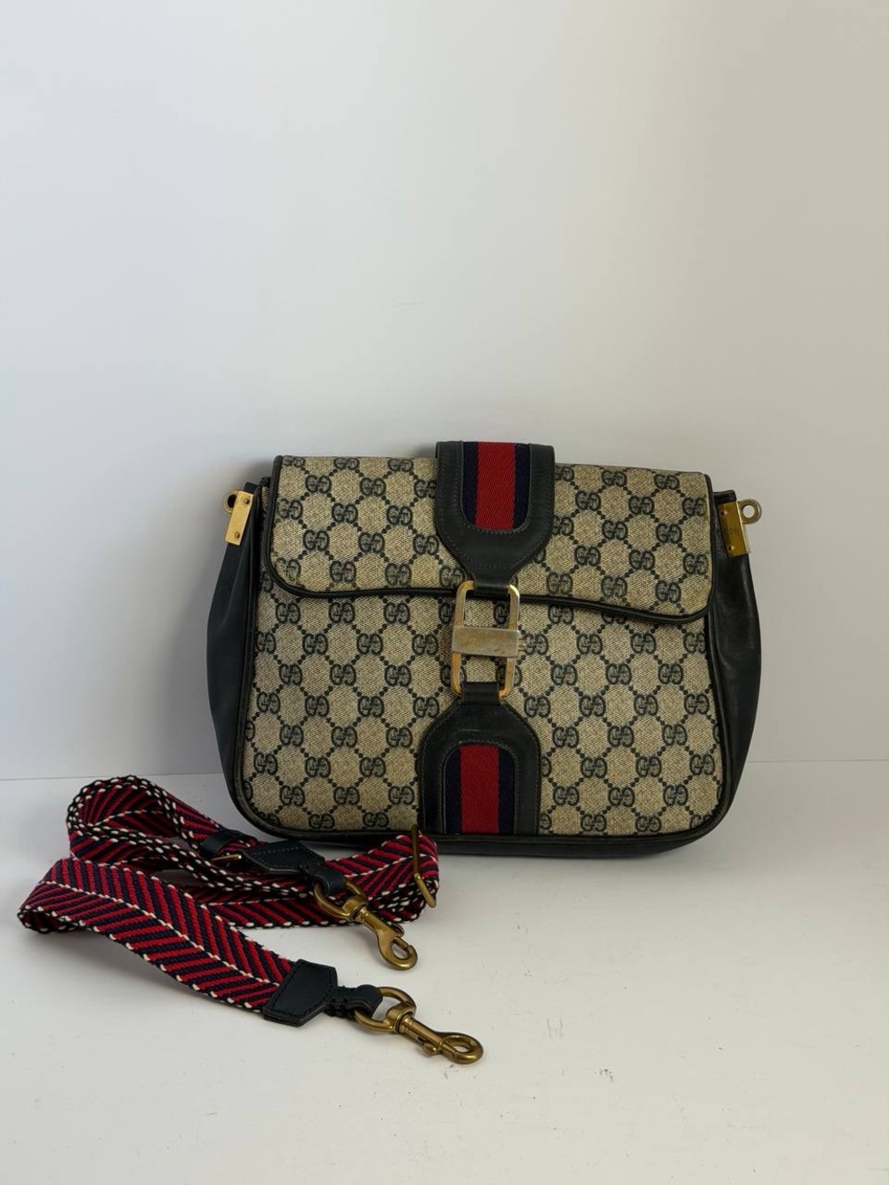 Old Vintage Gucci Orphidia Navy Blue Leather Monogram GG Supreme Shoulder Bag